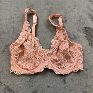 Sophie B Bra Womens 34D Pink Lace Underwire Sheer Mesh Floral Bow Lingerie Sexy